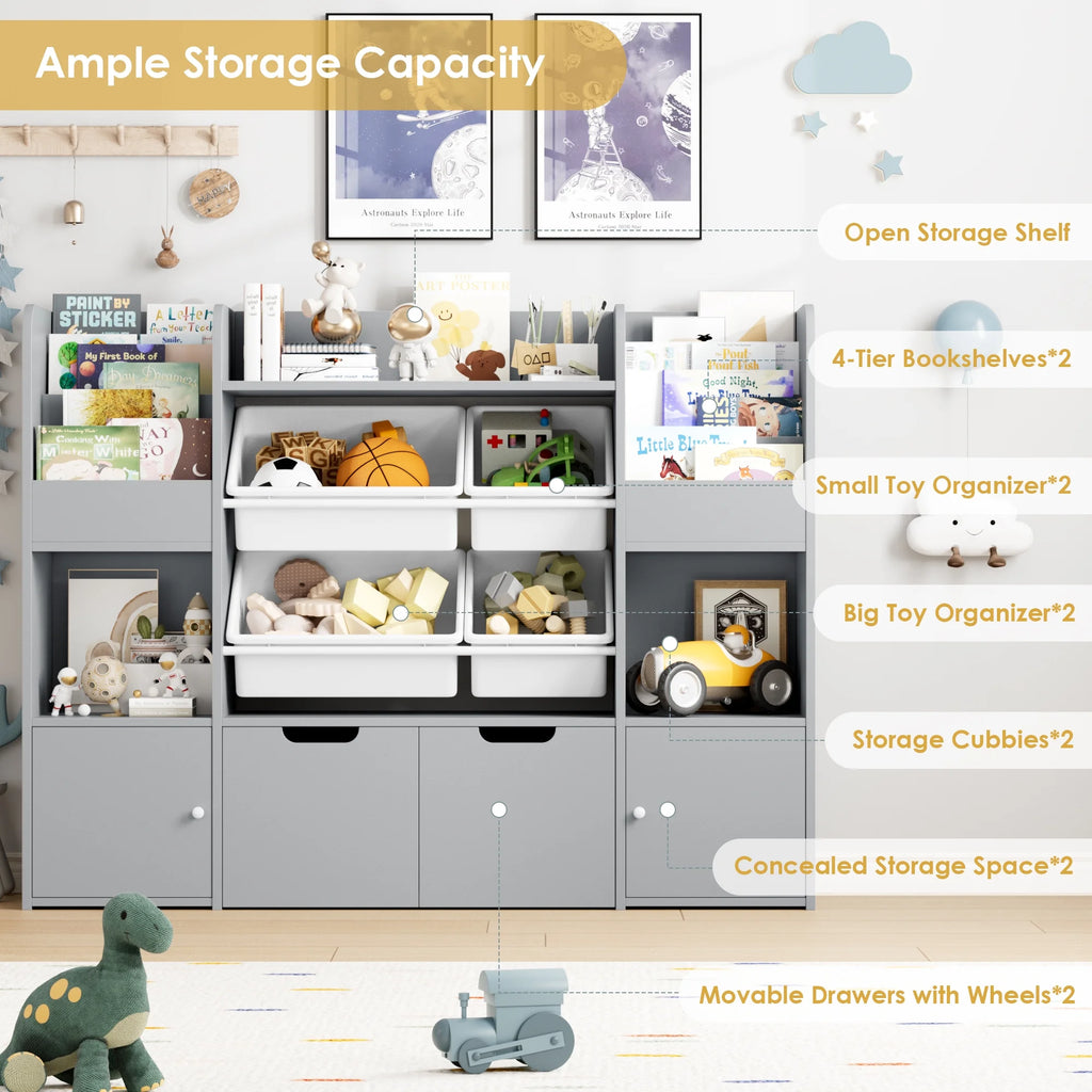Hiphuta Kids Bookcase Toy Storage Organizer, Wooden Toy Organizer of 4 Bins& 2 Removable Drawers for Home Bedroom, Kids Bookshelf Toy Box with Book Rack, White
