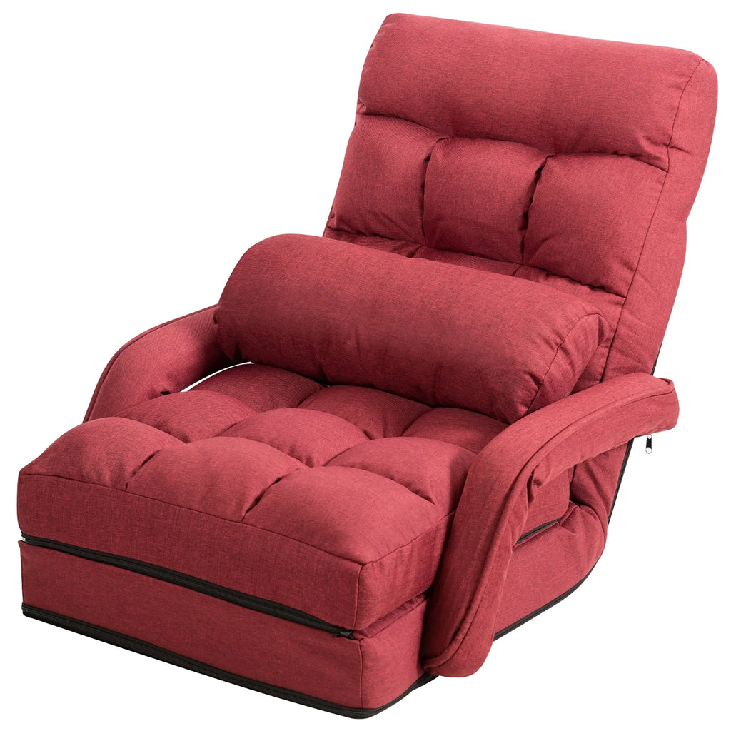 Costway Folding Floor Armchair w/ 6-position Adjustable Back & Lumbar Pillow Red