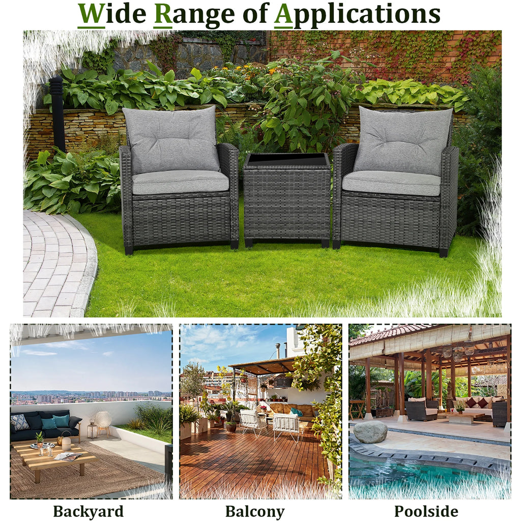 Gymax 3PCS Patio Rattan Sofa Set Outdoor Wicker Conversation Set Glass Tabletop w/ Grey Cushion