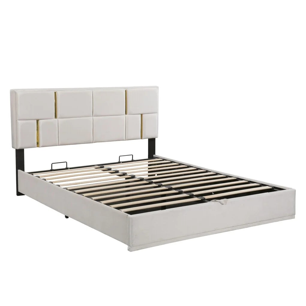 2-Pieces Bedroom Sets, Queen Size Upholstered Platform Bed with Hydraulic Storage System,Storage Ottoman with Metal Legs, 2 Piece Wood Bedroom Furniture Set, Beige