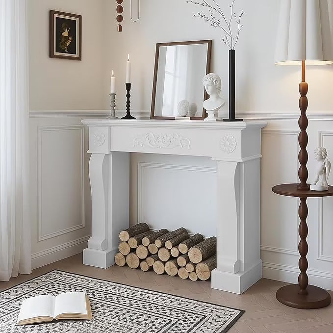 EPICOZY 44.5" Fireplace Mantel, Freestanding Fireplace Surround with Leg for Electric Fireplaces, MDF Mantel Surround with Shelf for Living Room with Decorative Pattern, Anti-Tipping & Waterproof