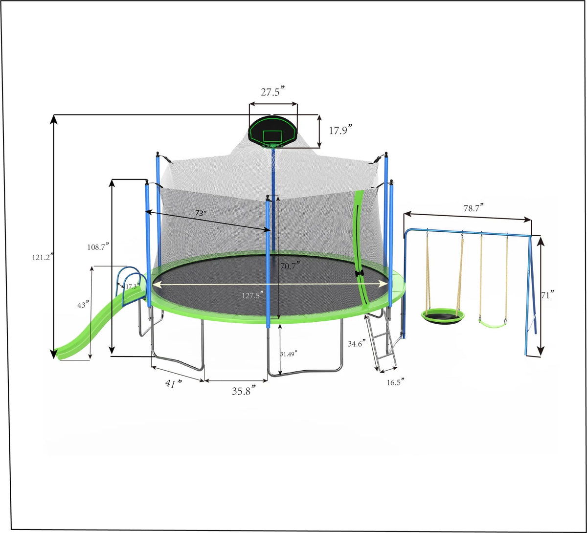 12FT Trampoline with Slide and Swings, Large Outdoor Backyard Trampoline with Basketball Hoop and Ladder for Kids and Adults