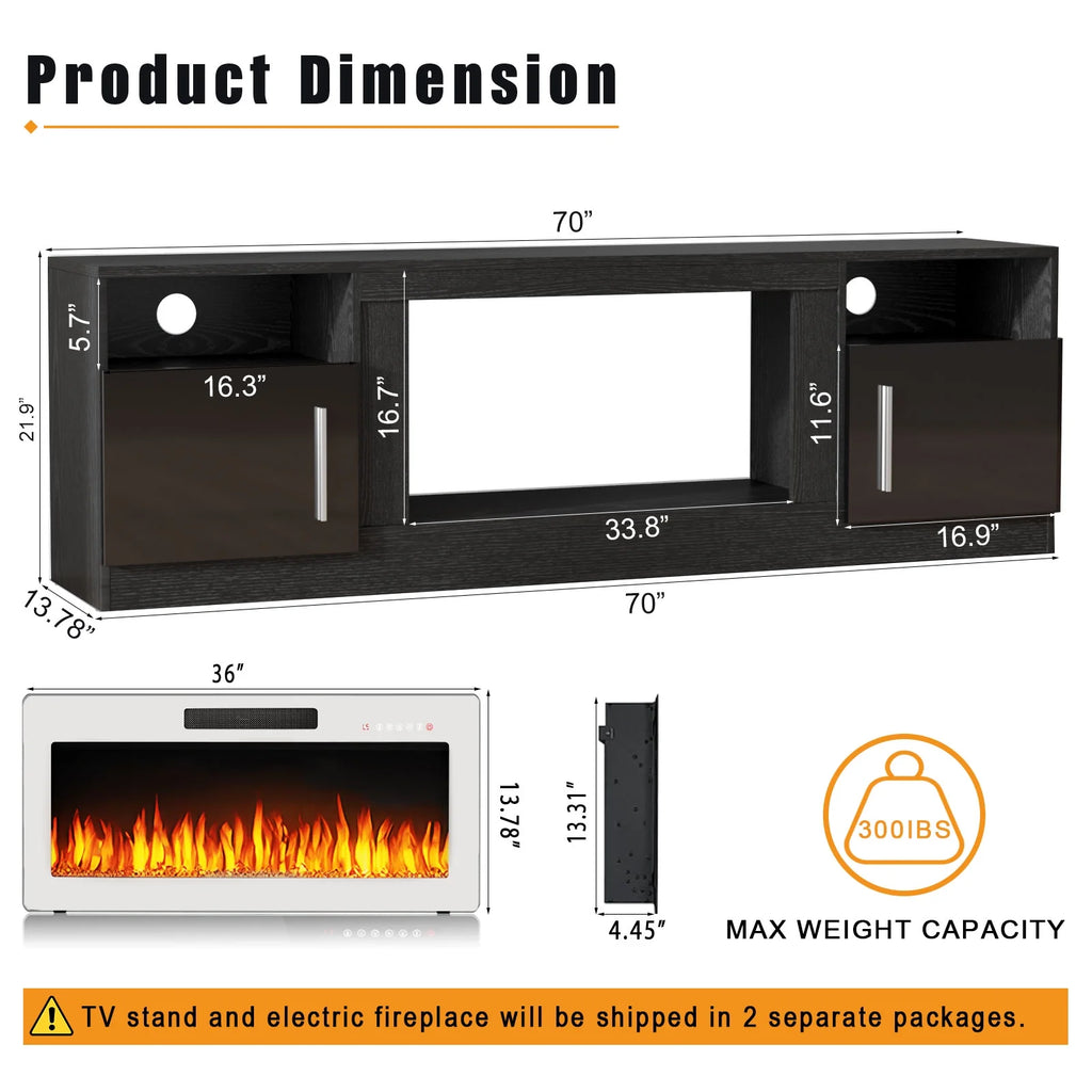 Waleaf Fireplace TV Stand with 18'' Fireplace for TVs up to 65 inch, Two Adjustable Glass Shelves