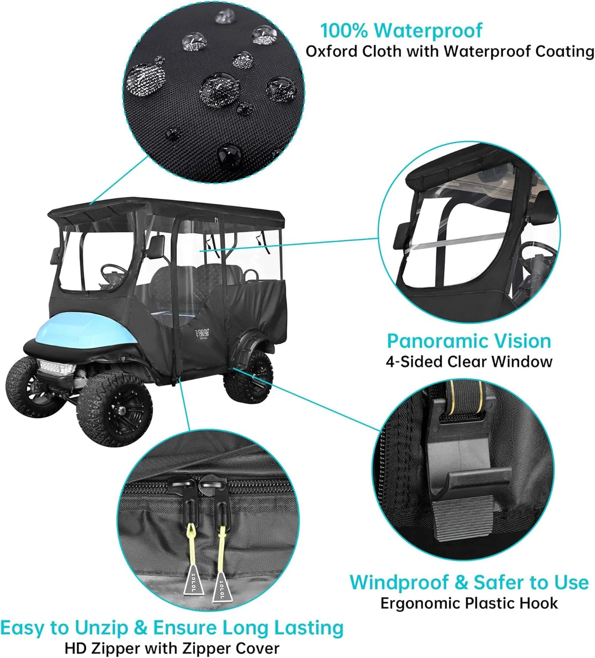 10L0L 4 Passenger Golf Cart Enclosure for Club Car Precedent Extended Roof 94.5",600D Waterproof Rain Cover, Black Golf Cart Accessories
