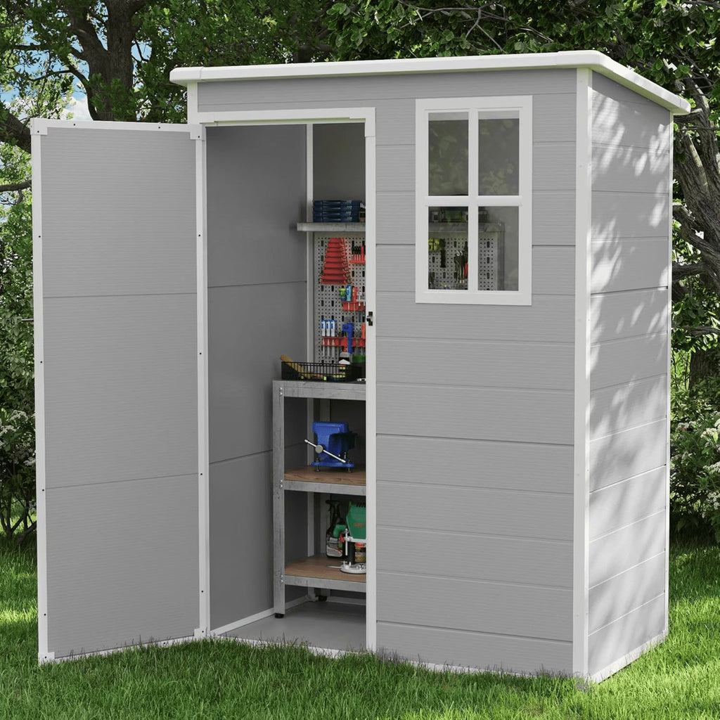ECOPATIO Outdoor Storage Shed 5x3 FT, Resin Garden Shed for Bike, Tool, Plastic Outside Sheds & Outdoor Storage Storage Box with Lockable Door for Backyard, Patio, Lawn, Sandstone