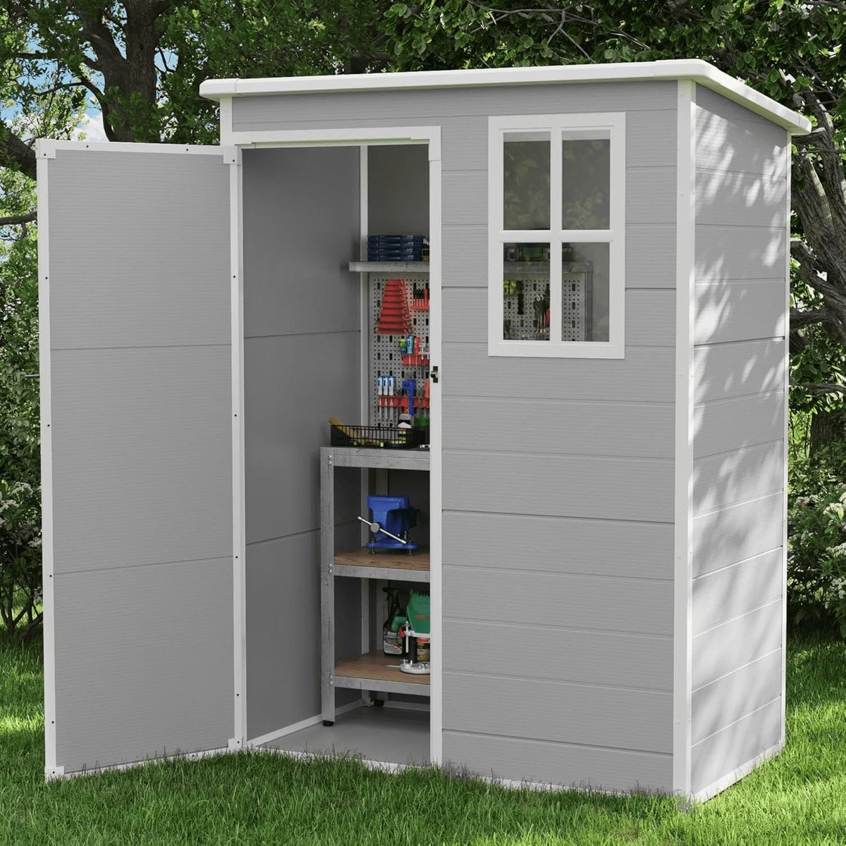 ECOPATIO Outdoor Storage Shed 5x3 FT, Resin Garden Shed for Bike, Tool, Plastic Outside Sheds & Outdoor Storage Storage Box with Lockable Door for Backyard, Patio, Lawn, Sandstone