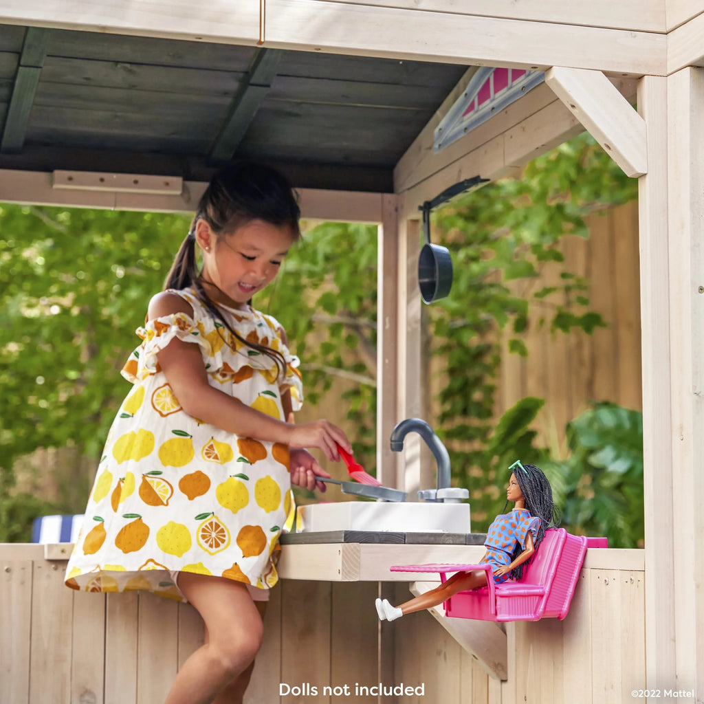 KidKraft Barbie? Seaside Wooden Outdoor Playhouse with Attachable Doll Table and Chairs