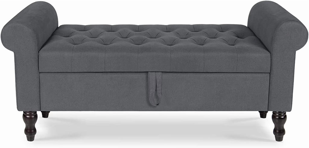 Storage Bench with Upholstered Rolled Arm Ottoman Bench Couch w/ Solid Wood Legs for Bedroom End of Bed,and Living room,Gray