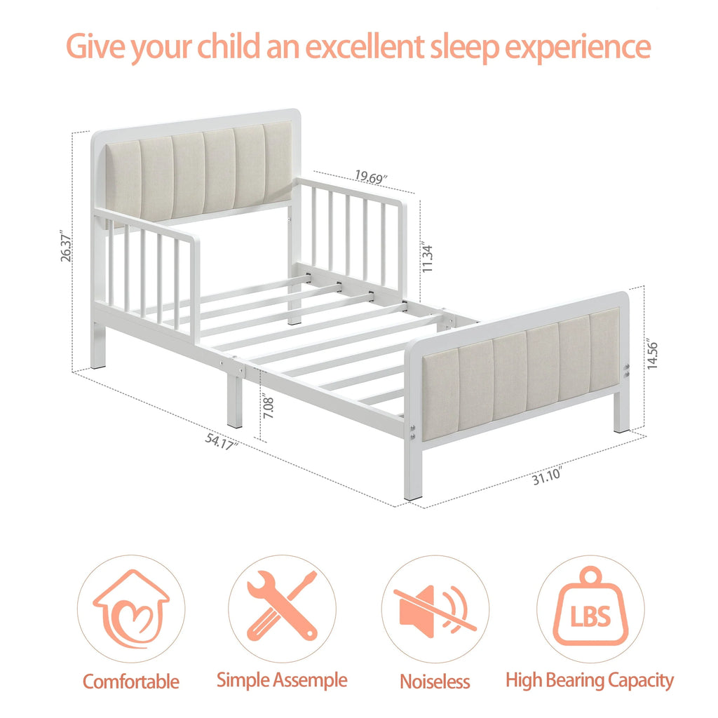 Yoneston Toddler Metal Platform Bed Frame with Guardrails, Children Crib Upholstered Bed Frame for Boys, Girls, Toddler �?White