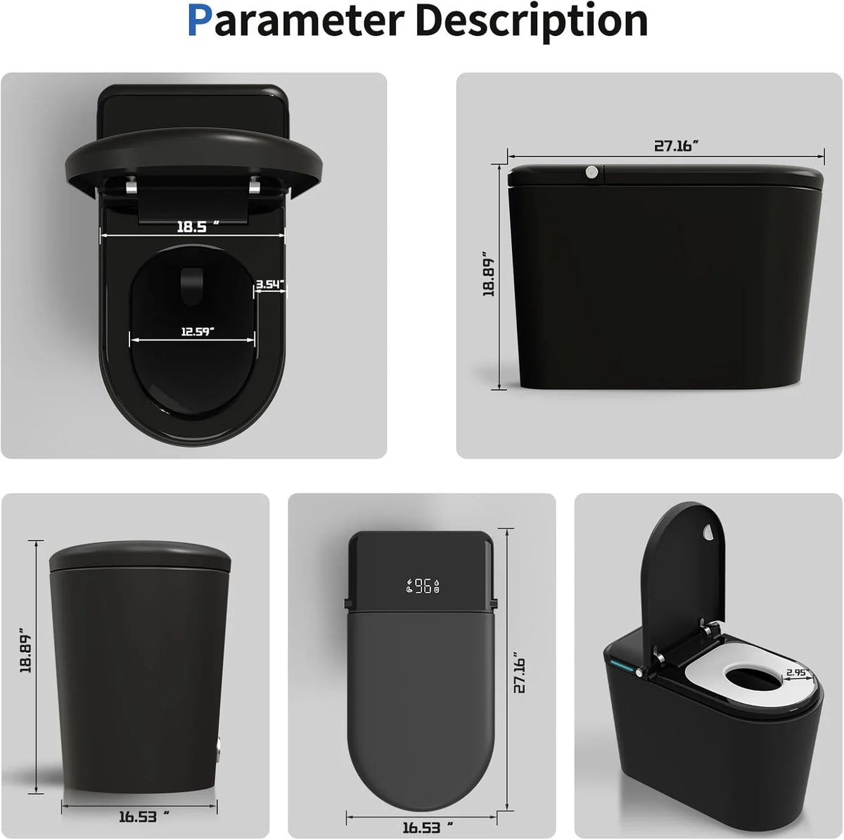 LALAHOO Smart Toilet with Bidet Built in, Auto Open & Close, Elongated Heated seat, Foot Sensor Flush, LED Display, Warm Water Wash, Dryer, Night Light, Black