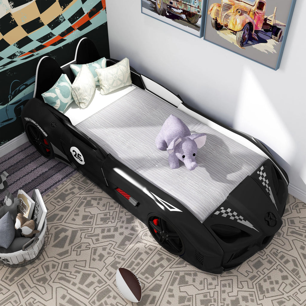 Furniture of America Dash Kids Plastic Twin Race Car Bed with LED and Sound, White