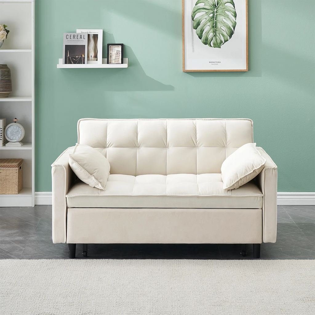 Adjustable Back Velvet Futon Sofa Bed, Modern Convertible Couples Sleeper with Side Pockets, Fold Down Couch for Living Room, Apartment,Blue