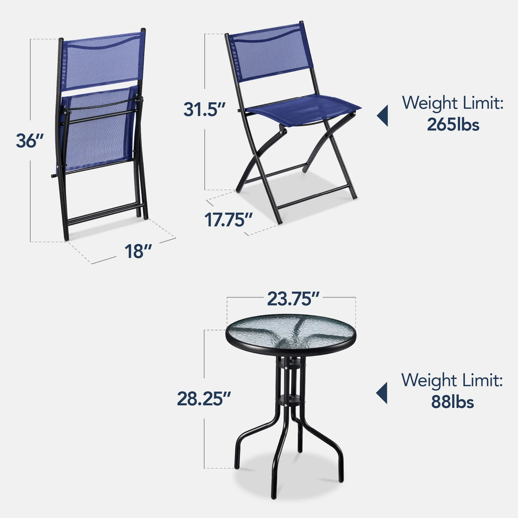 Best Choice Products 3-Piece Patio Bistro Dining Furniture Set w/ Glass Tabletop, Folding Chairs - Gray