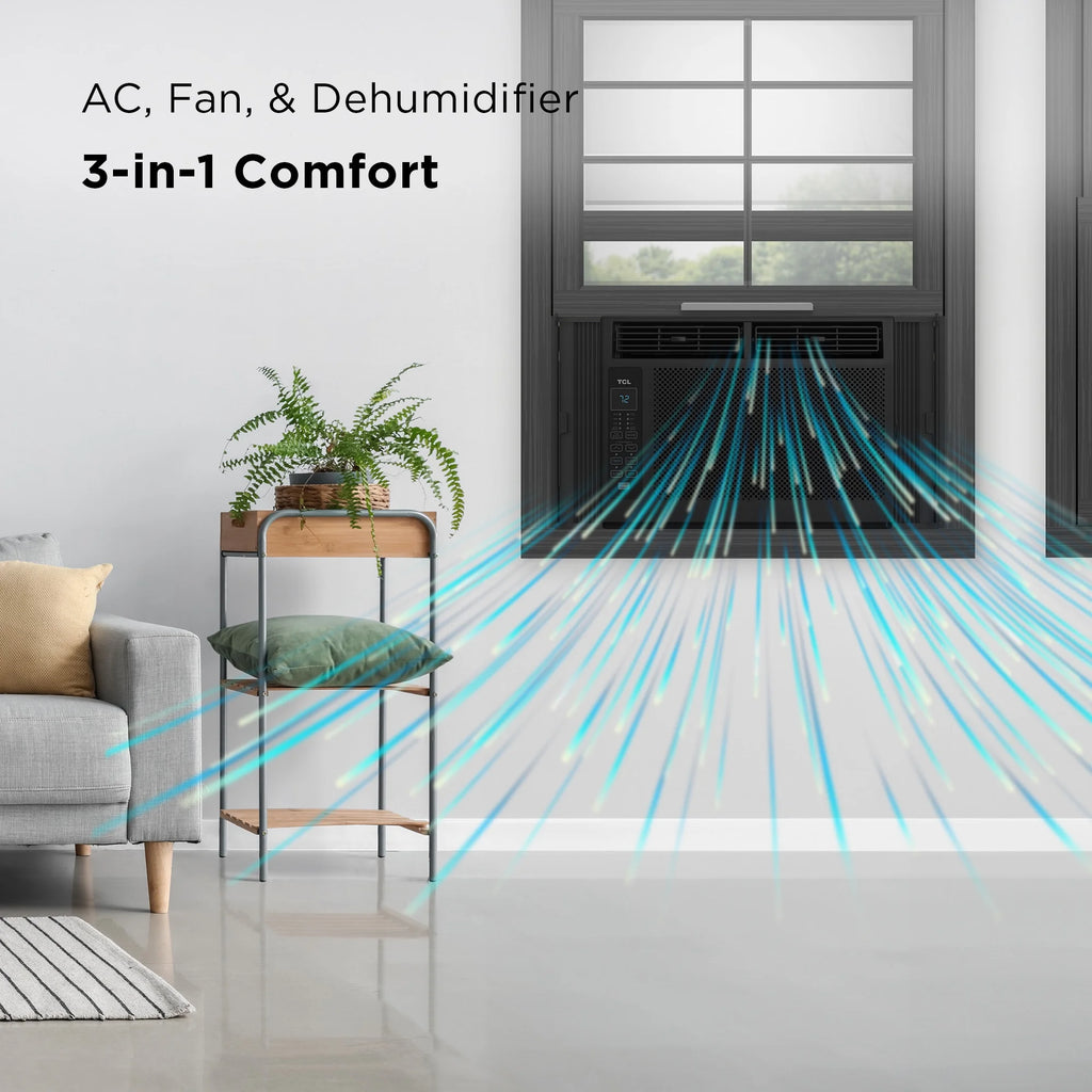 TCL 5,000 BTU Window Air Conditioner, Fan & Dehumidifier, 150 Sq. Ft., Remote Control, Easy-to-Use, Reusable Filter, Compact, Quiet, White, W5W3M