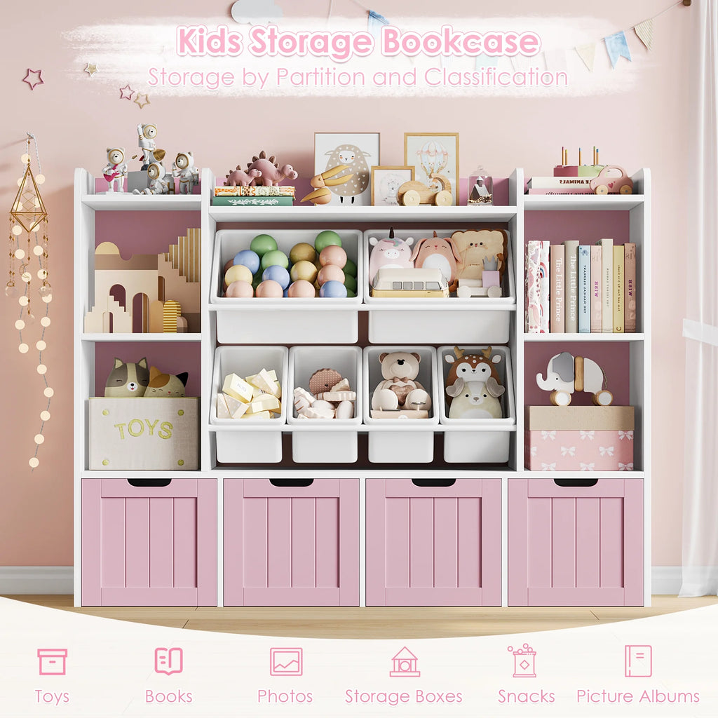 Hiphuta 3 Tier Kids Bookcase with Toy Storage Organizer, Wood Toy Organizer of 6 Boxes & 4 Removable Drawers, White