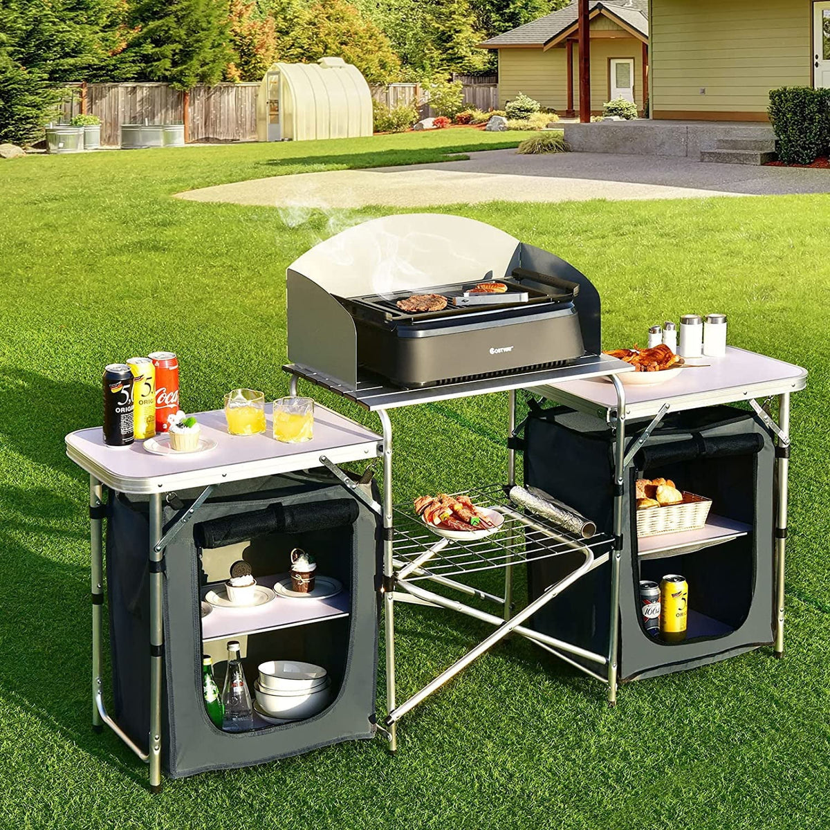 Camping Kitchen Table with Storage, Aluminum Portable Outdoor Cooking Table with Windscreen, Foldable Camp Table Cook Station for BBQ, Grill, Party, Picnics