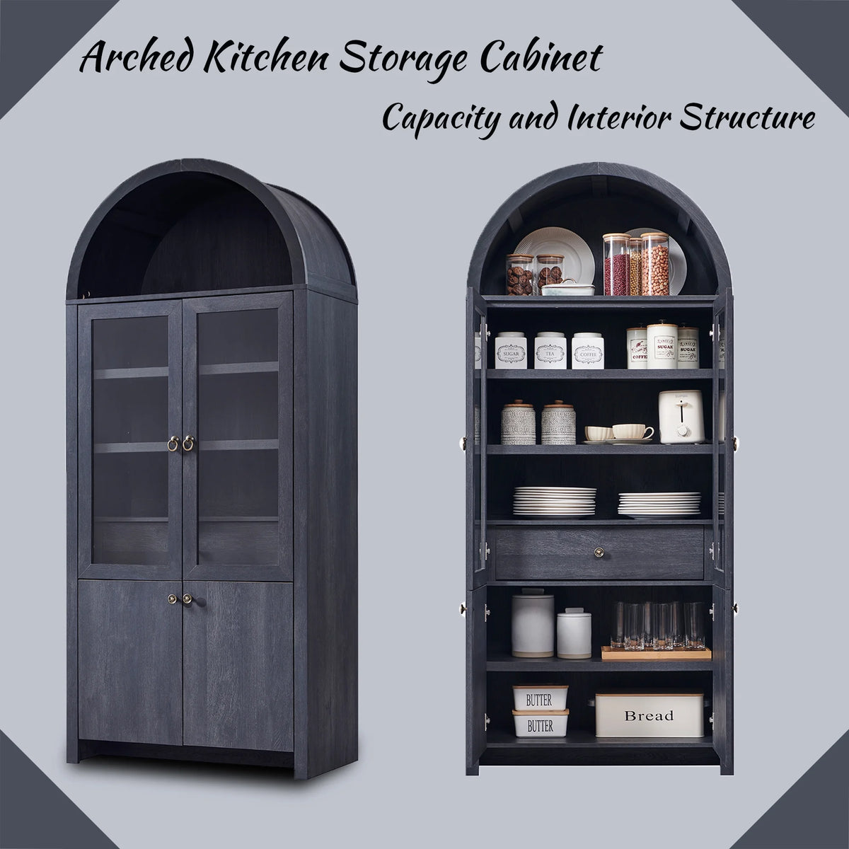 SinCiDo Arched Kitchen Pantry Storage Cabinet, 71-Inch Tall Wood Adjustable Shelves, 2 Doors, 2 Drawers