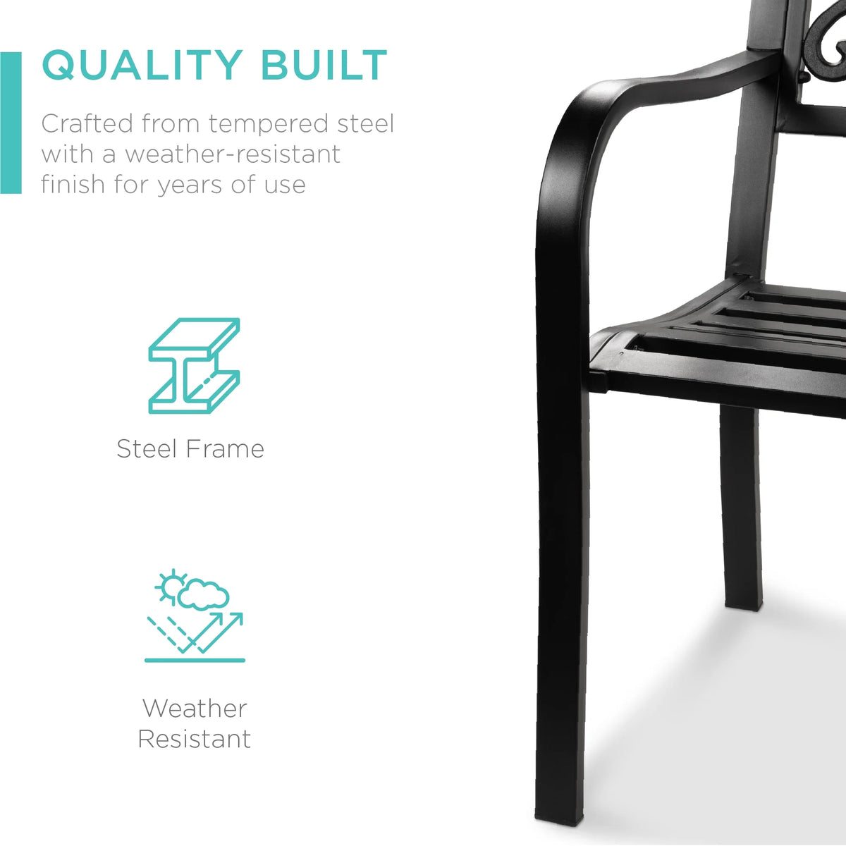 Best Choice Products Outdoor Steel Bench Garden Patio Porch Furniture w/ Floral Design Backrest - Black
