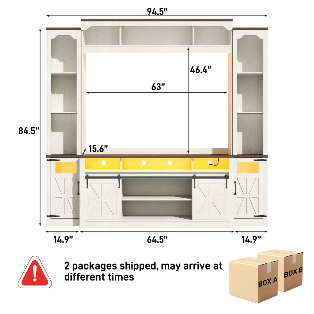 Farmhouse Wall Unit TV Stand with Storage for TVs up to 75", Large Entertainment Center with Bookshelves, LED Light & Power Outlet for Living Room
