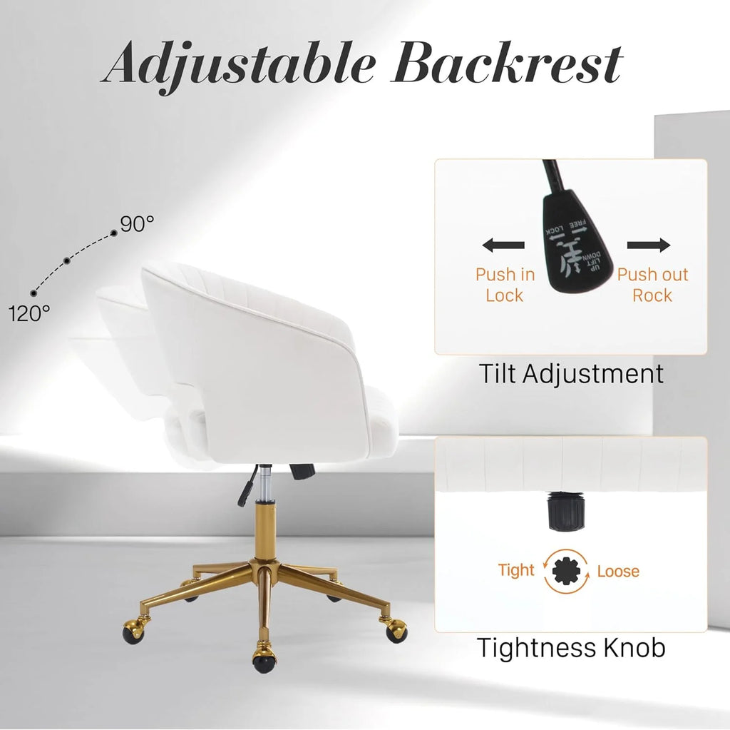 Home Office Swivel Desk Chair, Modern Velvet Vanity Chair, Height Adjustable Armchair with Gold Base, Ergonomic Office Chair for Task Study Computer Room, Beige