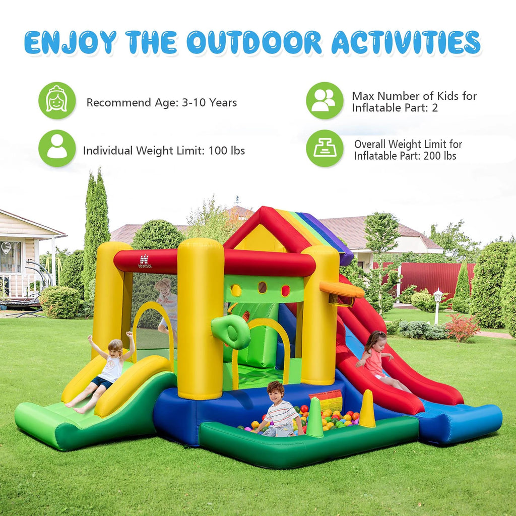 Costway Colorful Rainbow Kids Inflatable Bounce Castle with 50 Ocean Balls & 735W Blower