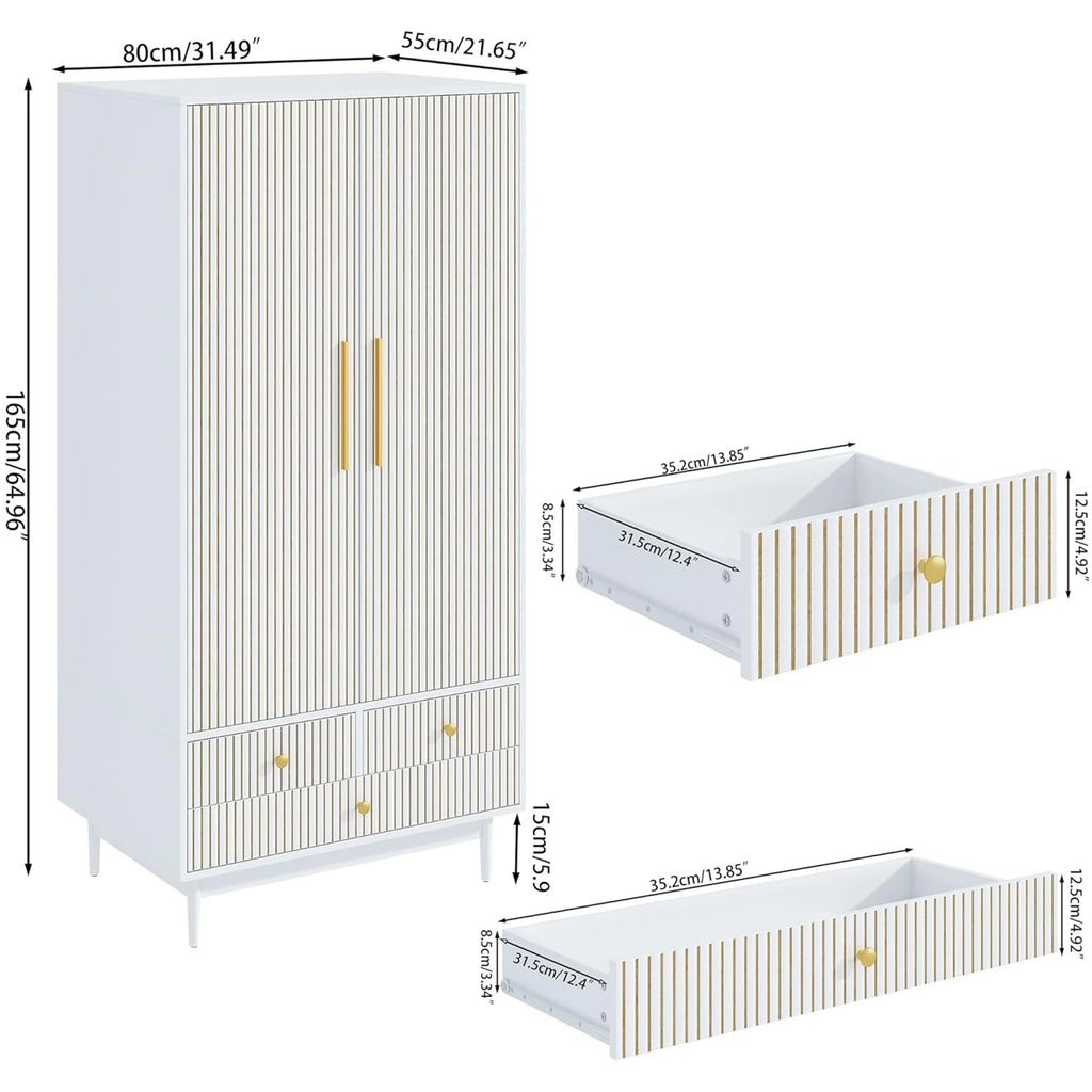 Oubayajia Wardrobe Armoire Closet, 2 Fluted Doors Wardrobe Cabinet with 3-Drawer and Hanging Rod, Wood Wardrobe Storage for Bedroom
