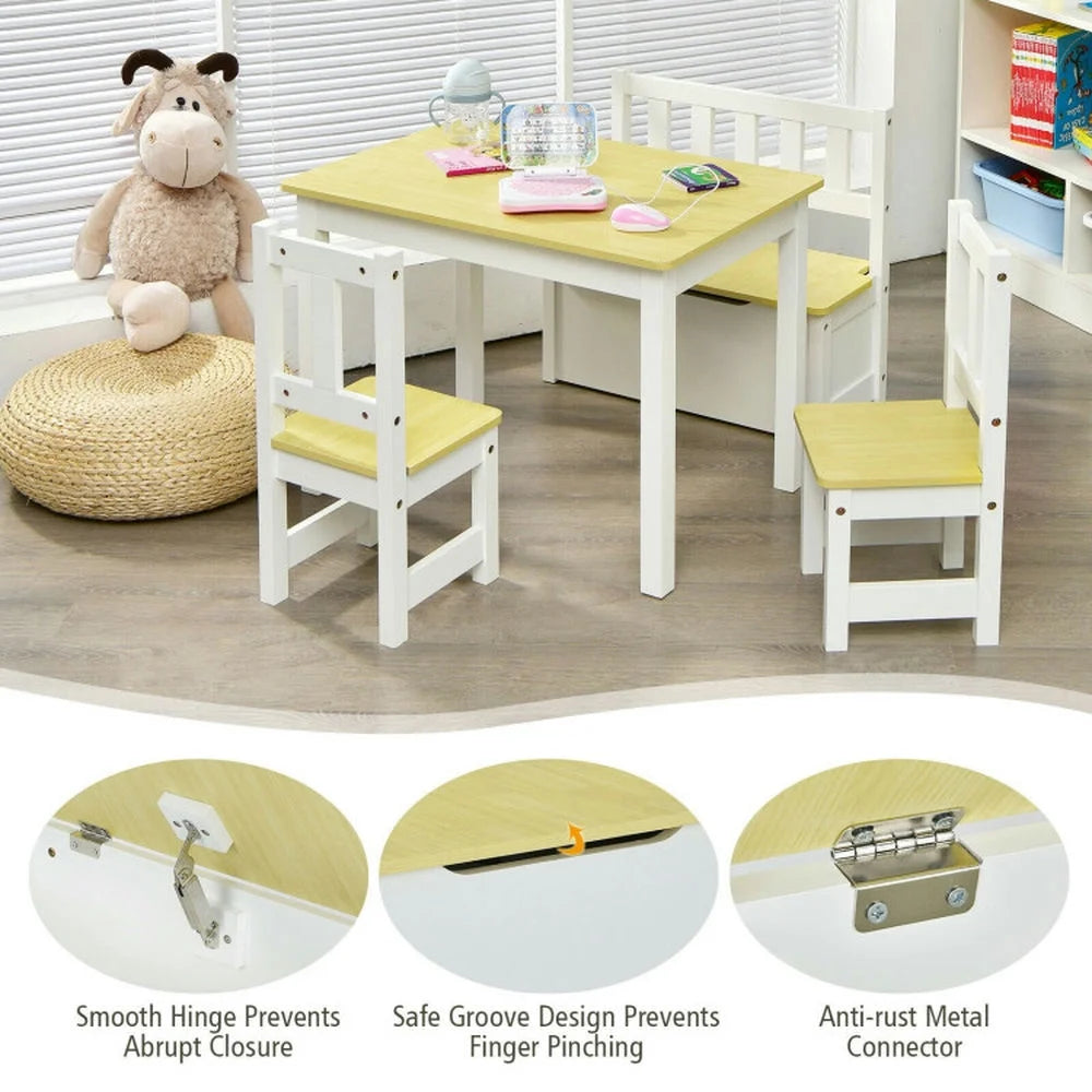 Kadyn Children Kids Table Chair Set,Children Playroom Table Chair Set,4 Pieces Kids Wooden Activity Table and Chairs Set with Storage Bench and Study Desk-Natural