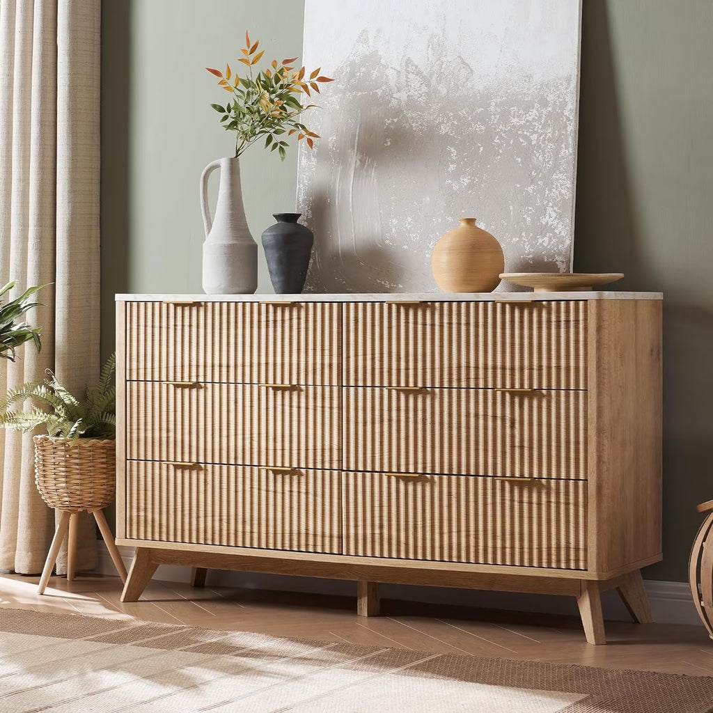 OKD 6 Drawer Dresser for Bedroom with Faux Marble Top, Modern Wood Chest of Drawers, Dresser Organizer, Natural Oak