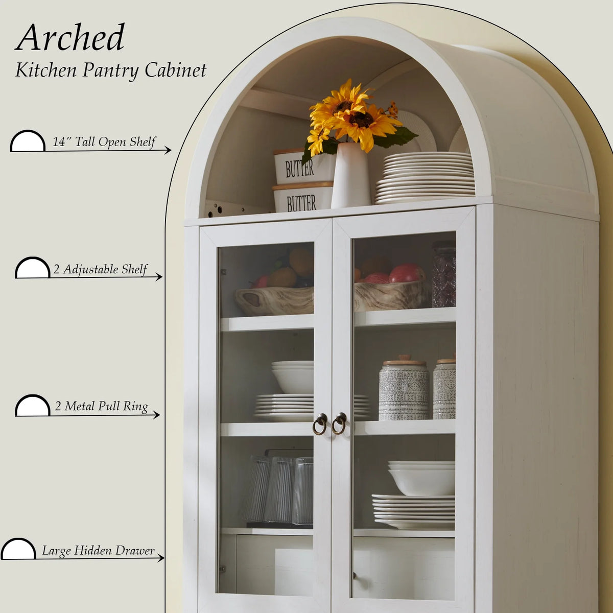 SinCiDo Arched Kitchen Pantry Storage Cabinet, 71-Inch Tall Wood Adjustable Shelves, 2 Doors, 2 Drawers