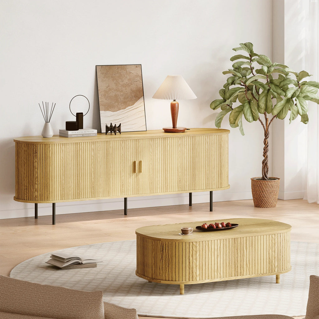 MARNUR 63" TV Stand for 70" TV, Wood Entertainment Center with Storage and Shelves, 2 Sliding Tambour Doors, Mid-Century Modern, Walnut