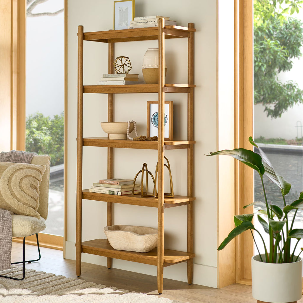 Better Homes & Gardens Springwood 5 Shelf Bookcase with Solid Wood Frame, Light Honey Finish