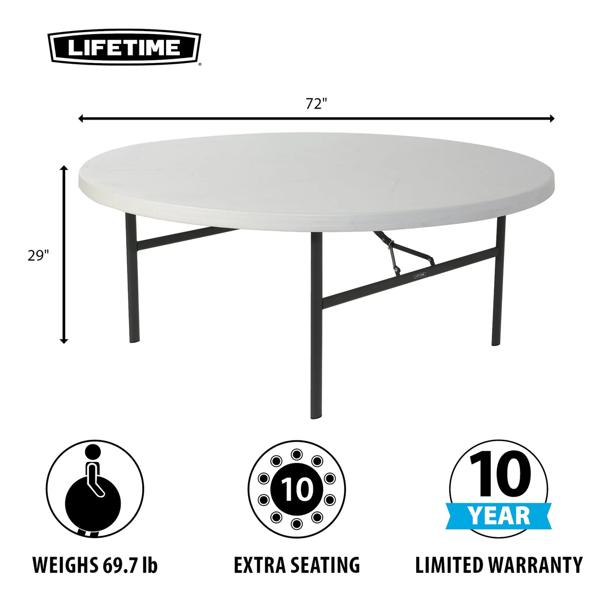 Lifetime 72-Inch Round Table. White Granite - 12 Pk (Commercial) - 82673