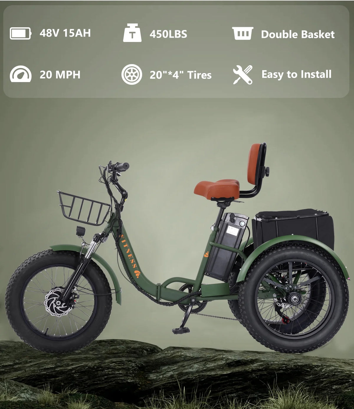 YEBEI Electric Tricycle for Adults Folding E-Trike Motorized Tricycle Electric 3 Wheels Trike Powerful 500W Motor Electric Tricycle 48V15AH Lithium Battery Max 20MPH 20*4.0�� Fat Tire Orange
