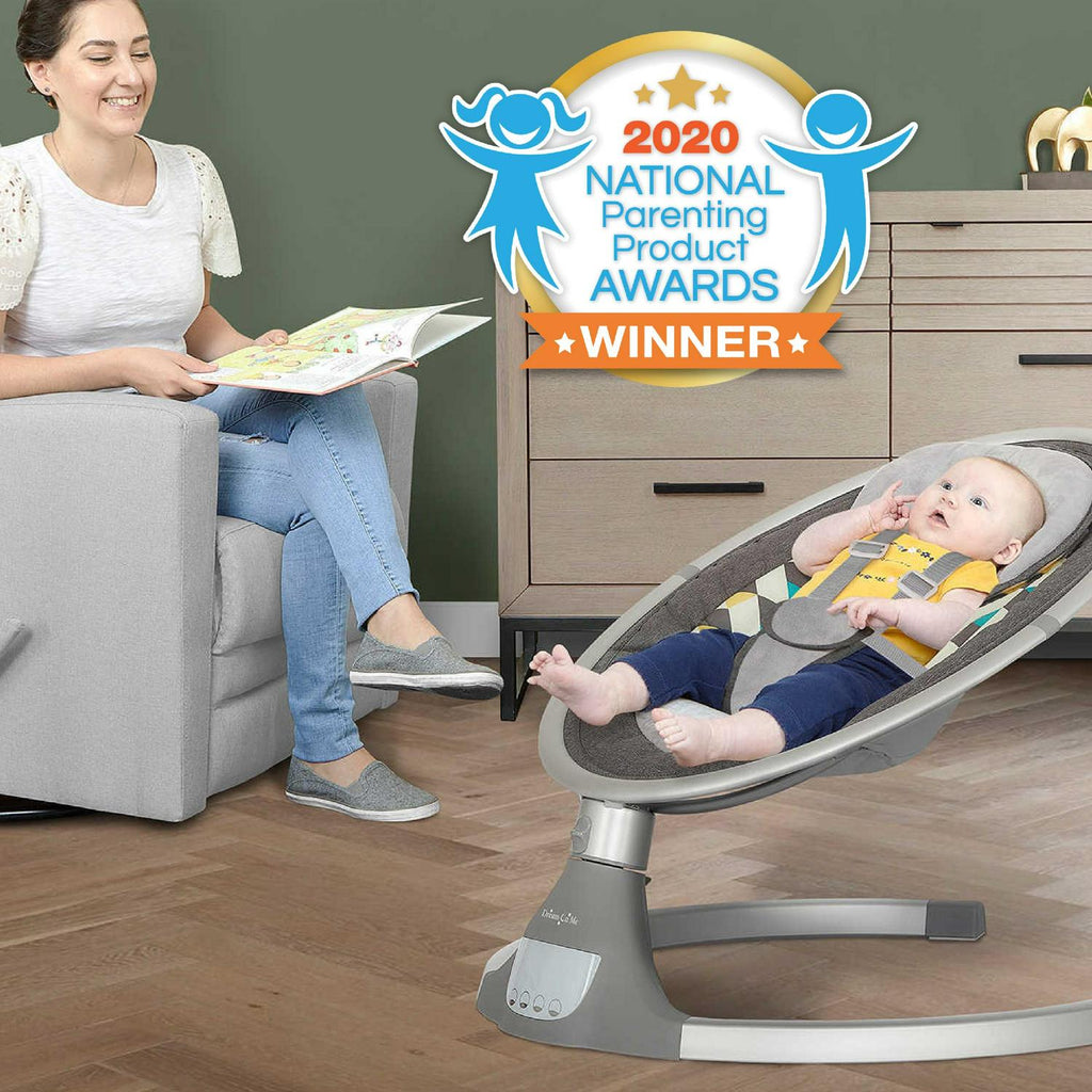 Dream On Me Zazu Baby Swing. Baby Swing for Infant. 5 - Swinging Speed. Two Attached Toys. Bluetooth Enabled and Remote Control. Grey and Blue
