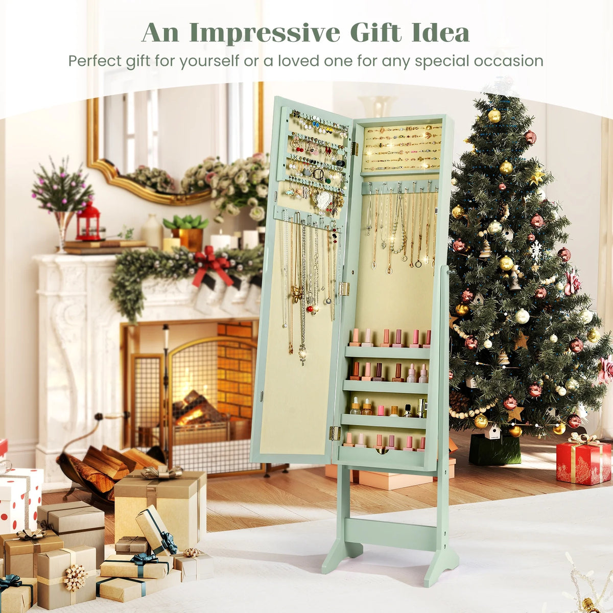 Costway Jewelry Mirrored Cabinet Armoire Organizer Storage Box w/ Stand Christmas Gift