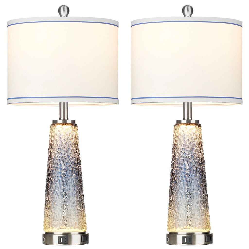 Cinkeda Modern Table Lamp Set of 2 for Bedroom Living Room with USB A+C Ports AC Outlet Gradient Grey Glass Nightlight Nightstand Bedside Lamps