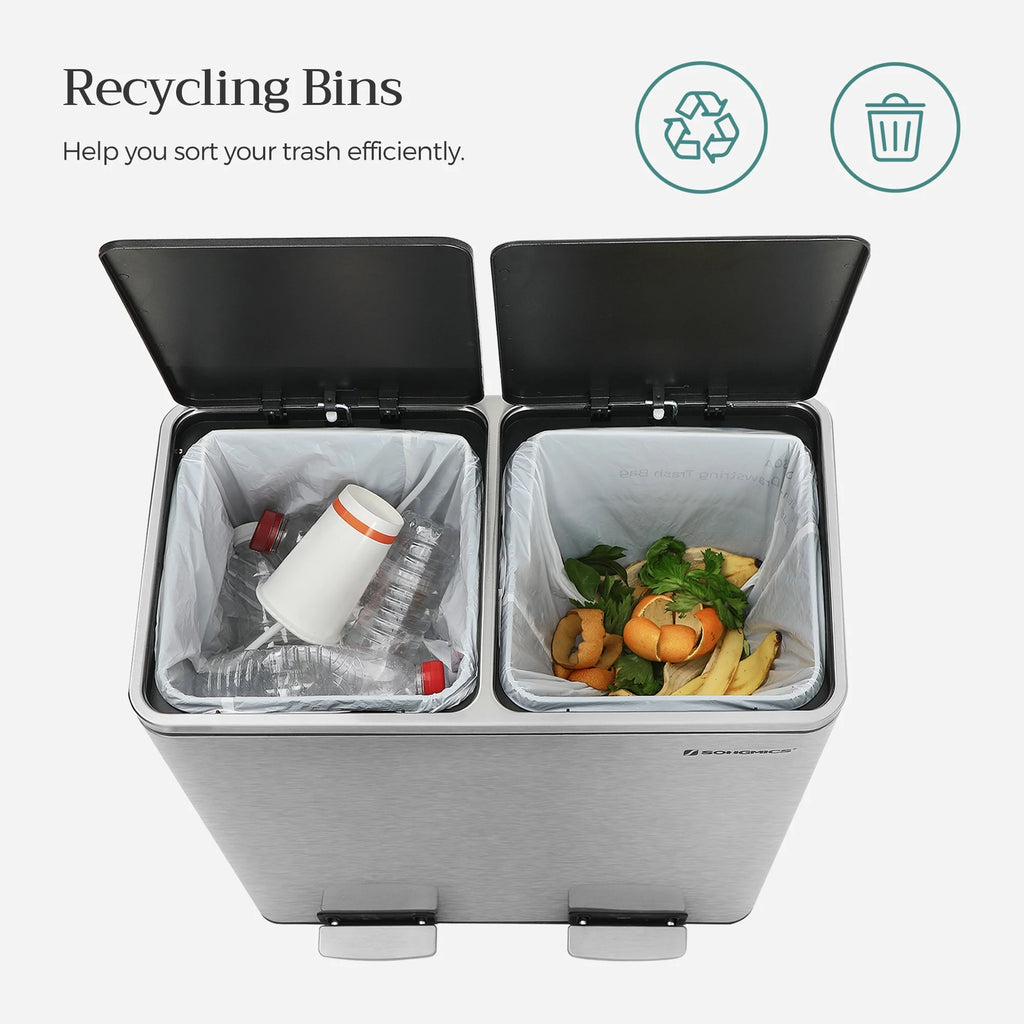 16 Gallon Dual Trash Can, Rubbish Bin and 15 Trash Bags, Metal, Almond Color