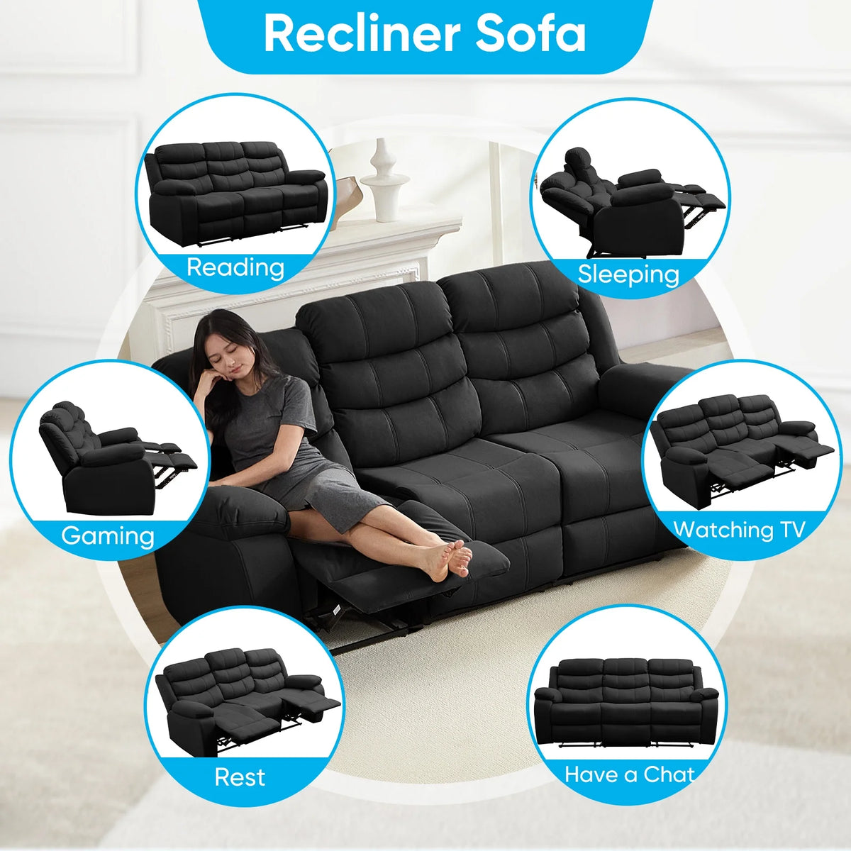 MUZZ Modern Reclining Sofa ,3-Seater Recliner Sofa with Cup Holders, Flip-Up Storage, Reversible Backrest and Footrest, Gray