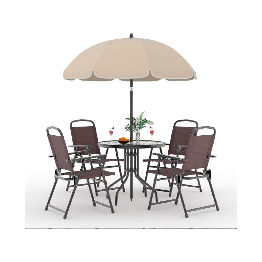 6 Pieces Outdoor Dining Set With Umbrella, Patio Table and 4 Folding Chairs With Umbrella, Garden Patio Furniture Set With Umbrellas, Tempered Glass Top Dining Table