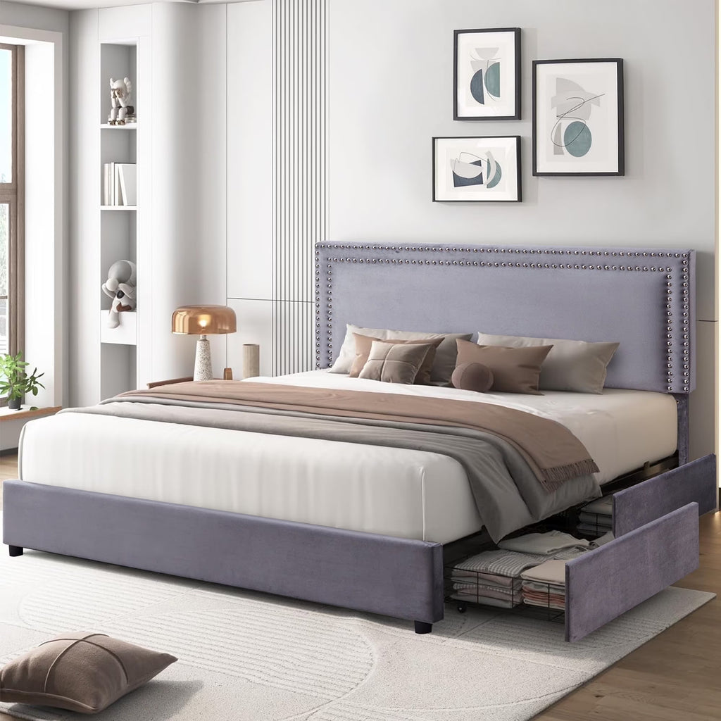 VECELO Full Bed Frame with 4 Storage Drawers (Wheeled) and Tufted Upholstered Adjustable Headboard Platform Bed, Beige