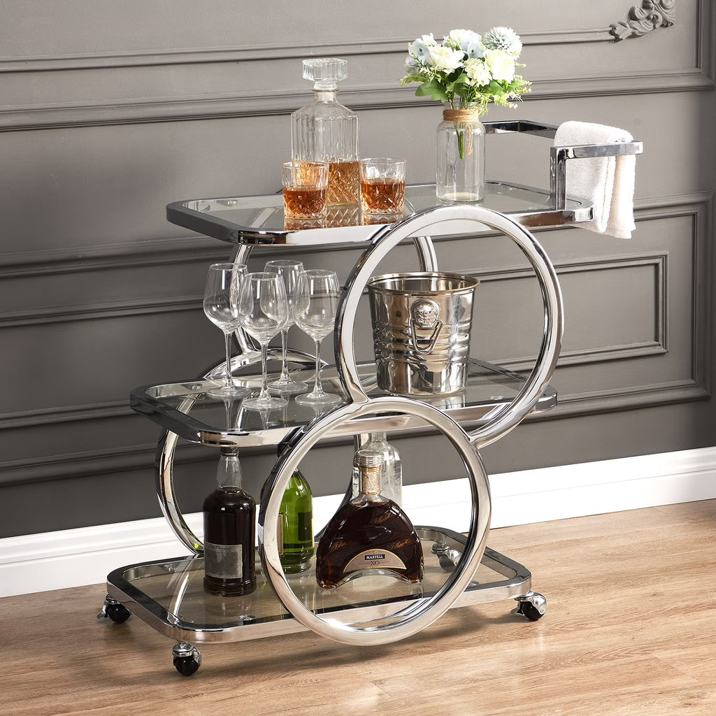 Home Bar Serving Carts 3 Tier Kitchen Carts on Wheels Mobile Bar Carts for Home Kitchen Dining Room Living Room Party, Chrome