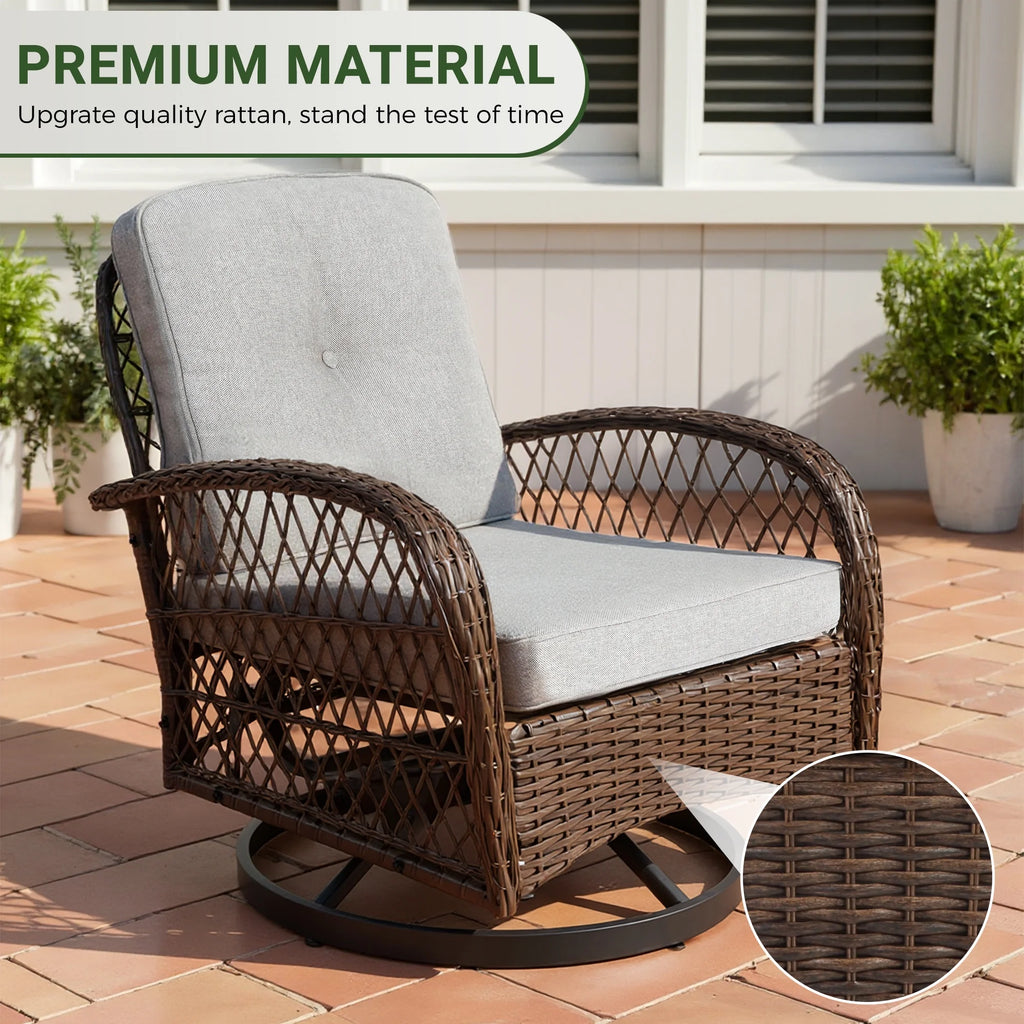 3 Piece Patio Swivel Rocker Chairs Set, 2 360-Degree Swivel Rocking Chairs with 1 Glass Top Table, PE Rattan Outdoor Bistro Set with Cushions for Balcony Deck Poolside Backyard Porch