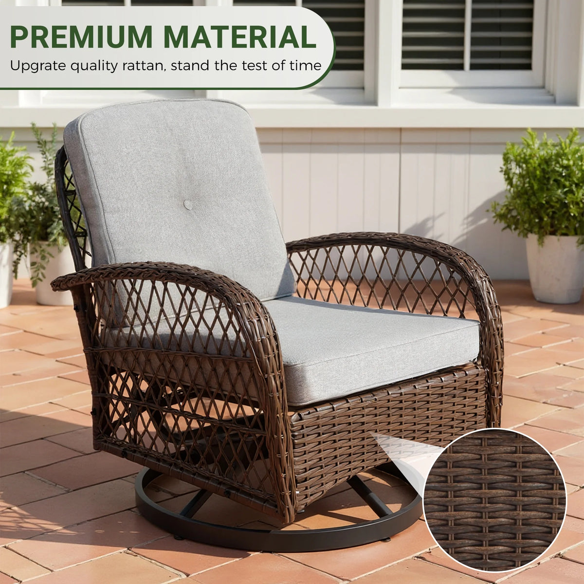 3 Piece Patio Swivel Rocker Chairs Set, 2 360-Degree Swivel Rocking Chairs with 1 Glass Top Table, PE Rattan Outdoor Bistro Set with Cushions for Balcony Deck Poolside Backyard Porch