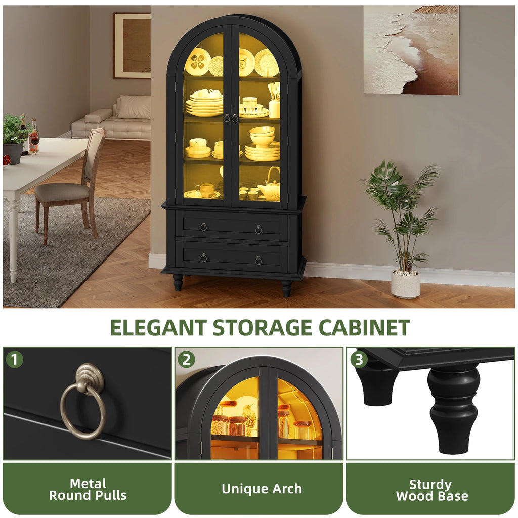 Uforic 73" Arched Pantry Cabinet with LED Light, Drawers, Shelves, Farmhouse Kitchen Storage, Black
