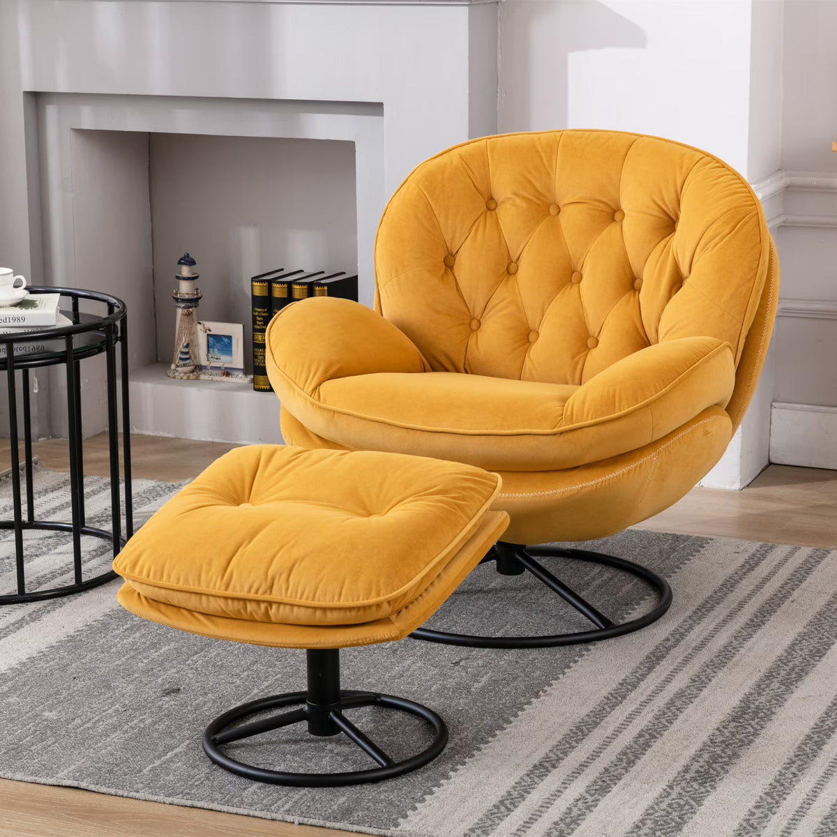Velvet Swivel Accent Chair with Ottoman Set, Modern Tufted Armchair with Footrest for Living Room Reading TV Chairs for Adults, Comfy Chaise Lounge Chairs with 360 Degree Swiveling for Bedroom, Pink