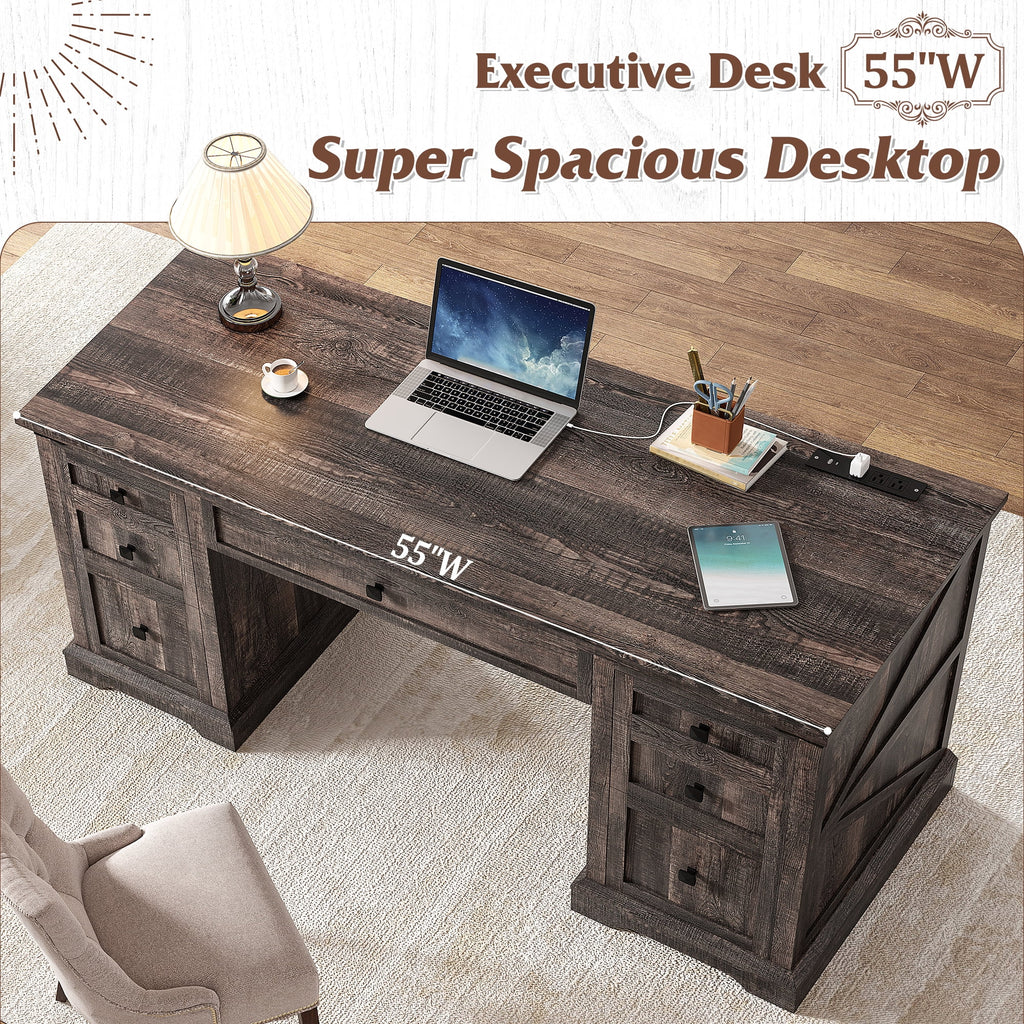 EnHomee Farmhouse Desk with Drawers, Wood Home Office Desk with Charging Station, Antique White