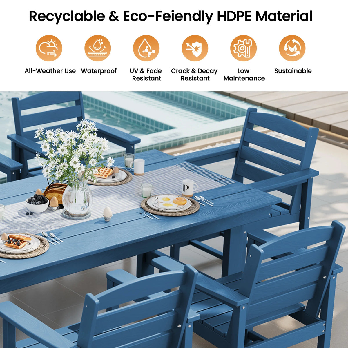 KINGYES 7-Piece Outdoor Dining Set, HDPE Patio Table and Chairs with Umbrella Hole, Gray
