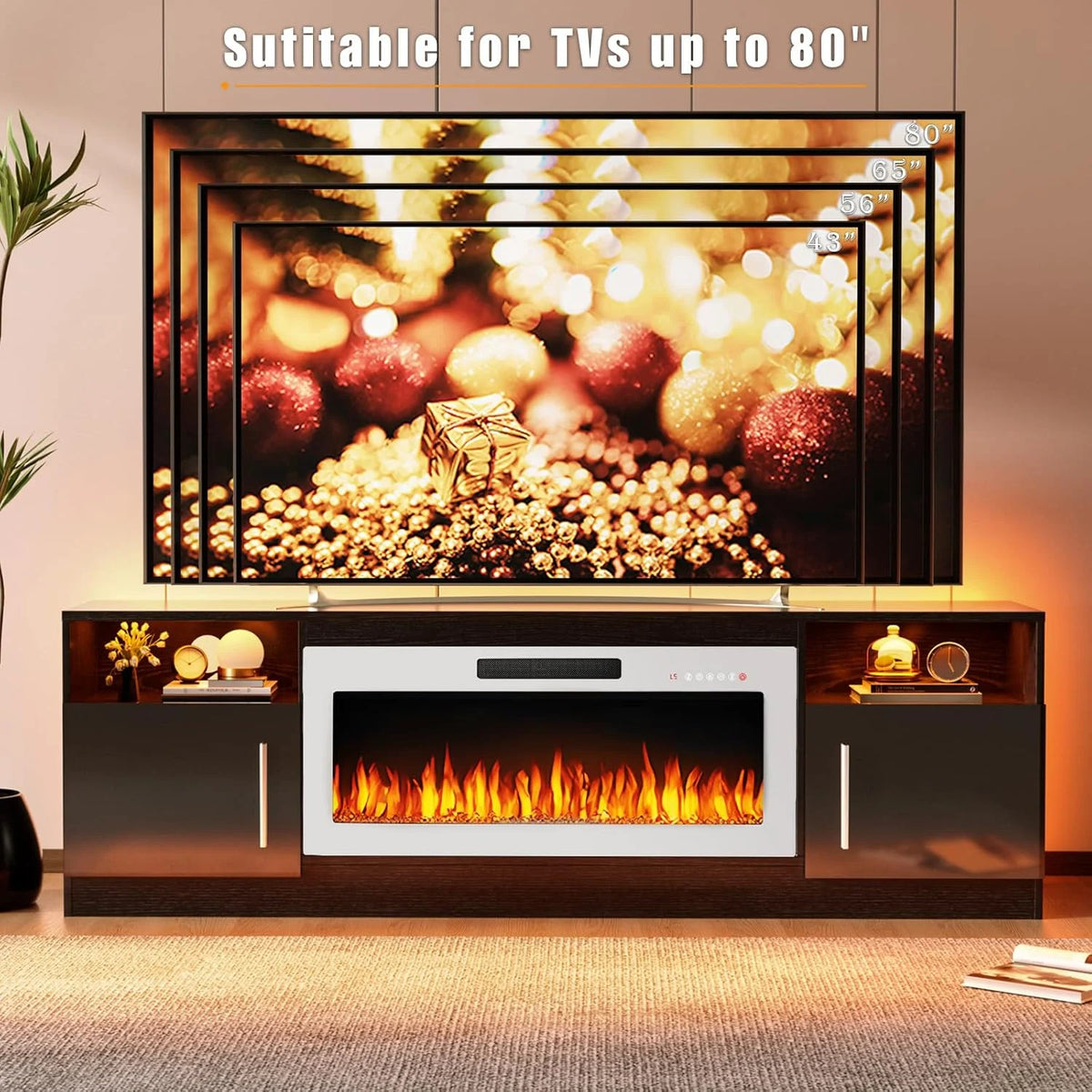 Waleaf Fireplace TV Stand with 18'' Fireplace for TVs up to 65 inch, Two Adjustable Glass Shelves