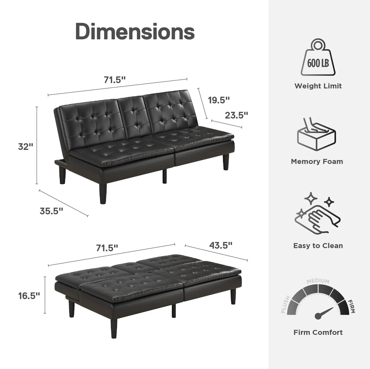 Mainstays Memory Foam 71.5" Futon with Cupholder and USB, Black Faux Leather