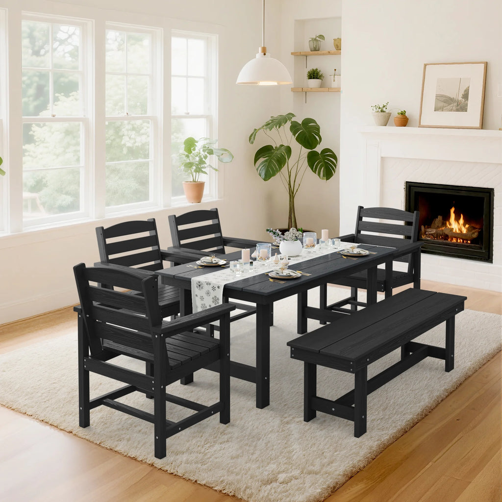 KINGYES 7-Piece Outdoor Dining Set, HDPE Patio Table and Chairs with Umbrella Hole, Gray